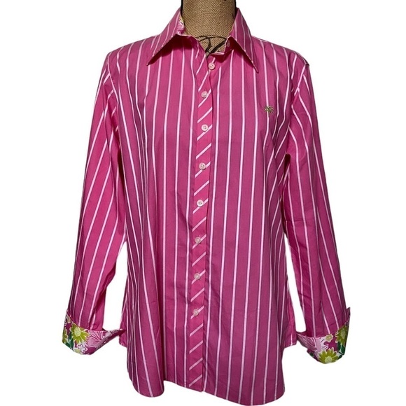 Lilly Pulitzer Women’s 14 Pink White Stripe Button Down Long Sleeve Cotton Shirt - Picture 6 of 10